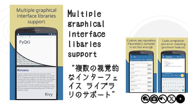 9
Multiple
graphical
interface
libaries
support
“複数の視覚的
なインターフェ
イス ライブラ
リのサポート”
