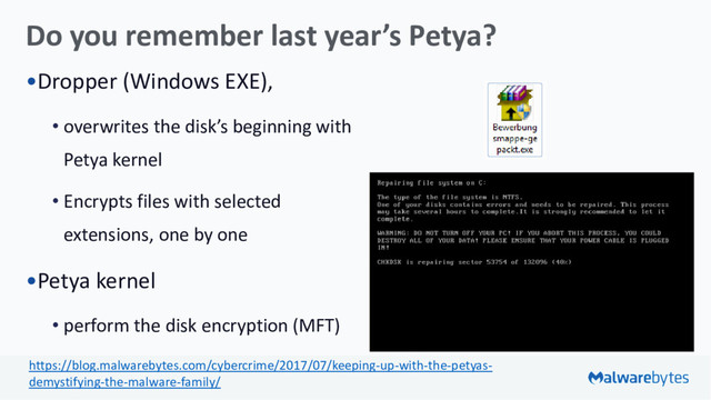 Do you remember last year’s Petya?
•Dropper (Windows EXE),
• overwrites the disk’s beginning with
Petya kernel
• Encrypts files with selected
extensions, one by one
•Petya kernel
• perform the disk encryption (MFT)
https://blog.malwarebytes.com/cybercrime/2017/07/keeping-up-with-the-petyas-
demystifying-the-malware-family/
