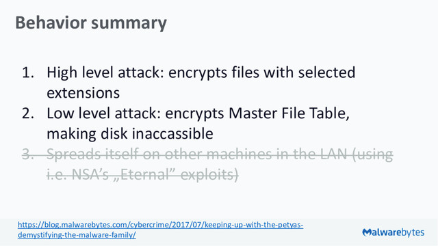Behavior summary
1. High level attack: encrypts files with selected
extensions
2. Low level attack: encrypts Master File Table,
making disk inaccassible
3. Spreads itself on other machines in the LAN (using
i.e. NSA’s „Eternal” exploits)
https://blog.malwarebytes.com/cybercrime/2017/07/keeping-up-with-the-petyas-
demystifying-the-malware-family/

