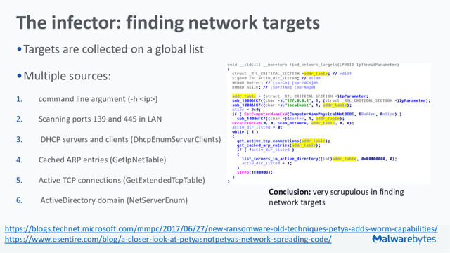 The infector: finding network targets
•Targets are collected on a global list
•Multiple sources:
1. command line argument (-h )
2. Scanning ports 139 and 445 in LAN
3. DHCP servers and clients (DhcpEnumServerClients)
4. Cached ARP entries (GetIpNetTable)
5. Active TCP connections (GetExtendedTcpTable)
6. ActiveDirectory domain (NetServerEnum)
https://blogs.technet.microsoft.com/mmpc/2017/06/27/new-ransomware-old-techniques-petya-adds-worm-capabilities/
https://www.esentire.com/blog/a-closer-look-at-petyasnotpetyas-network-spreading-code/
Conclusion: very scrupulous in finding
network targets
