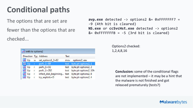 Conditional paths
The options that are set are
fewer than the options that are
checked...
Conclusion: some of the conditional flags
are not implemented – it may be a hint that
the malware is not finished and got
released prematurely (tests?)
Options2 checked:
1,2,4,8,16
avp.exe detected -> options2 &= 0xFFFFFFF7 =
-9 (4th bit is cleared)
NS.exe or ccSvcHst.exe detected -> options2
&= 0xFFFFFFFB = -5 (3rd bit is cleared)
