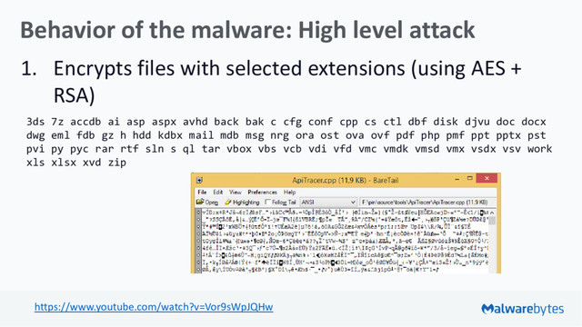 Behavior of the malware: High level attack
1. Encrypts files with selected extensions (using AES +
RSA)
https://www.youtube.com/watch?v=Vor9sWpJQHw
3ds 7z accdb ai asp aspx avhd back bak c cfg conf cpp cs ctl dbf disk djvu doc docx
dwg eml fdb gz h hdd kdbx mail mdb msg nrg ora ost ova ovf pdf php pmf ppt pptx pst
pvi py pyc rar rtf sln s ql tar vbox vbs vcb vdi vfd vmc vmdk vmsd vmx vsdx vsv work
xls xlsx xvd zip
