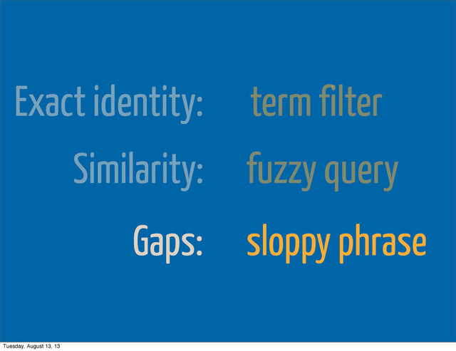 Exact identity: term filter
Similarity: fuzzy query
Gaps: sloppy phrase
Tuesday, August 13, 13

