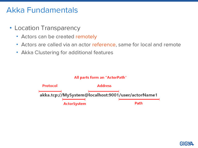 Akka Fundamentals
• Location Transparency
• Actors can be created remotely
• Actors are called via an actor reference, same for local and remote
• Akka Clustering for additional features
