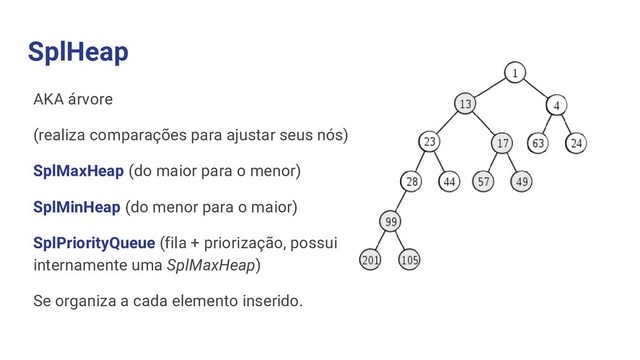 SplHeap
AKA árvore
(realiza comparações para ajustar seus nós)
SplMaxHeap (do maior para o menor)
SplMinHeap (do menor para o maior)
SplPriorityQueue (fila + priorização, possui
internamente uma SplMaxHeap)
Se organiza a cada elemento inserido.
