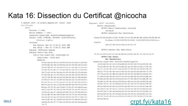 Kata 16: Dissection du Certificat @nicocha
crpt.fyi/kata16
lapo.it
