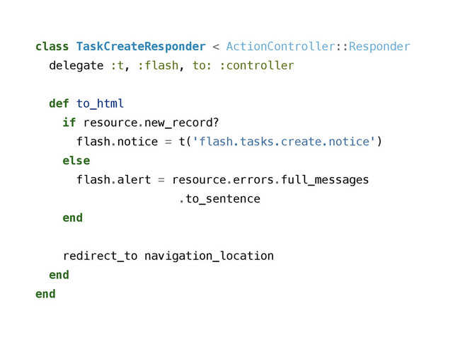 class TaskCreateResponder < ActionController::Responder
delegate :t, :flash, to: :controller
def to_html
if resource.new_record?
flash.notice = t('flash.tasks.create.notice')
else
flash.alert = resource.errors.full_messages
.to_sentence
end
!
redirect_to navigation_location
end
end
