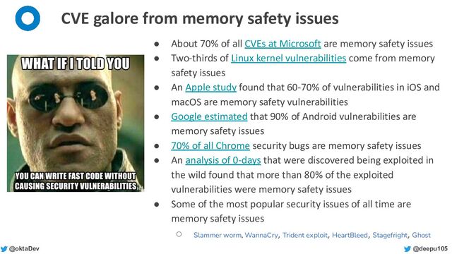 @deepu105
@oktaDev
● About 70% of all CVEs at Microsoft are memory safety issues
● Two-thirds of Linux kernel vulnerabilities come from memory
safety issues
● An Apple study found that 60-70% of vulnerabilities in iOS and
macOS are memory safety vulnerabilities
● Google estimated that 90% of Android vulnerabilities are
memory safety issues
● 70% of all Chrome security bugs are memory safety issues
● An analysis of 0-days that were discovered being exploited in
the wild found that more than 80% of the exploited
vulnerabilities were memory safety issues
● Some of the most popular security issues of all time are
memory safety issues
○ Slammer worm, WannaCry, Trident exploit, HeartBleed, Stagefright, Ghost
CVE galore from memory safety issues
