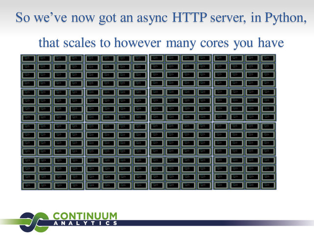 So we’ve now got an async HTTP server, in Python,
that scales to however many cores you have

