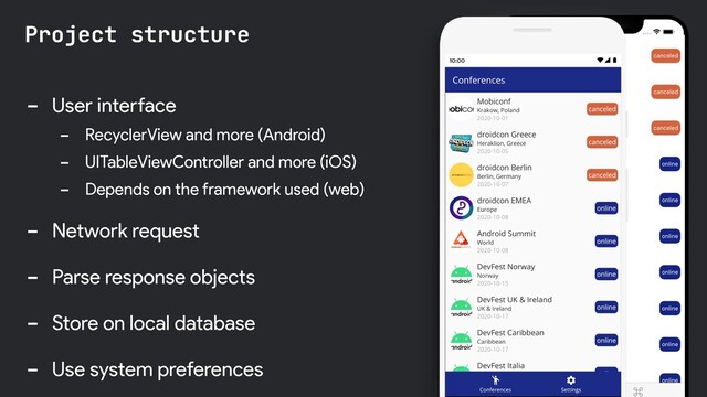 - User interface
- RecyclerView and more (Android)
- UITableViewController and more (iOS)
- Depends on the framework used (web)
- Network request
- Parse response objects
- Store on local database
- Use system preferences
Project structure
