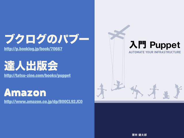 ϒΫϩάͷύϒʔ
http://p.booklog.jp/book/70667
ୡਓग़൛ձ
http://tatsu-zine.com/books/puppet
Amazon
http://www.amazon.co.jp/dp/B00CL92JC0
