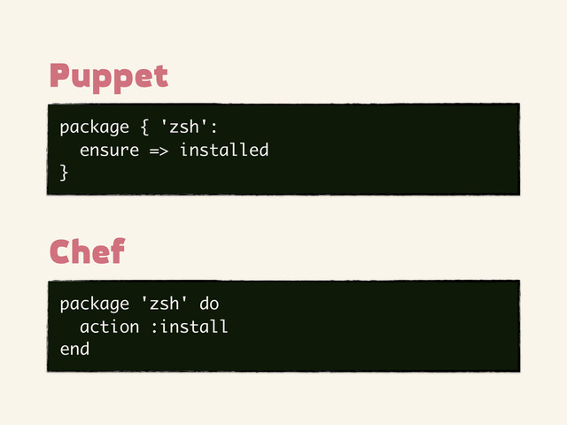 package { 'zsh':
ensure => installed
}
Puppet
package 'zsh' do
action :install
end
Chef
