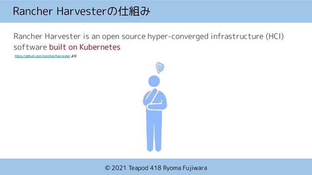 © 2021 Teapod 418 Ryoma Fujiwara
Rancher Harvesterの仕組み
Rancher Harvester is an open source hyper-converged infrastructure (HCI)
software built on Kubernetes
https://github.com/rancher/harvester より
