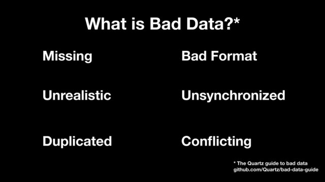 What is Bad Data?*
Missing Bad Format
Unrealistic Unsynchronized
Conﬂicting
Duplicated
* The Quartz guide to bad data 
github.com/Quartz/bad-data-guide
