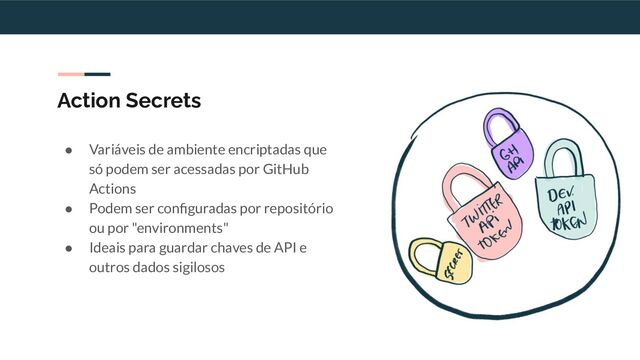 Action Secrets
● Variáveis de ambiente encriptadas que
só podem ser acessadas por GitHub
Actions
● Podem ser conﬁguradas por repositório
ou por "environments"
● Ideais para guardar chaves de API e
outros dados sigilosos
