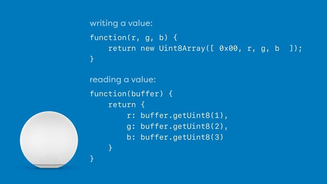 writing a value:
function(r, g, b) {
return new Uint8Array([ 0x00, r, g, b ]);
}
reading a value:
function(buffer) {
return {  
r: buffer.getUint8(1),  
g: buffer.getUint8(2),  
b: buffer.getUint8(3)  
}
}
