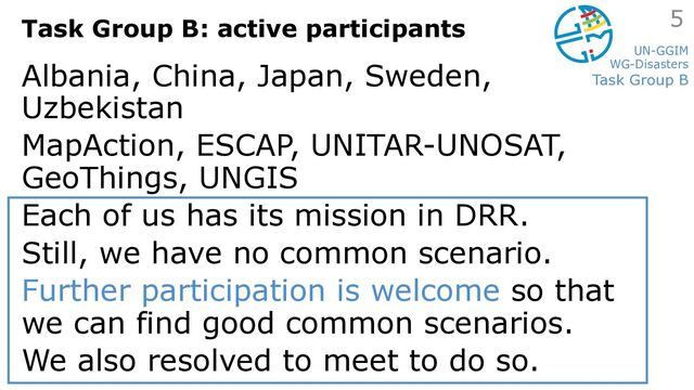 UN-GGIM
WG-Disasters
Task Group B
Task Group B: active participants
Albania, China, Japan, Sweden,
Uzbekistan
MapAction, ESCAP, UNITAR-UNOSAT,
GeoThings, UNGIS
Each of us has its mission in DRR.
Still, we have no common scenario.
Further participation is welcome so that
we can find good common scenarios.
We also resolved to meet to do so.
5
