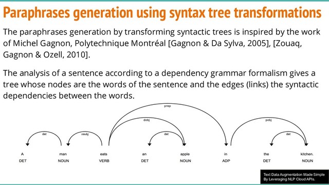 Text Data Augmentation Made Simple
By Leveraging NLP Cloud APIs.
Paraphrases generation using syntax tree transformations
The paraphrases generation by transforming syntactic trees is inspired by the work
of Michel Gagnon, Polytechnique Montréal [Gagnon & Da Sylva, 2005], [Zouaq,
Gagnon & Ozell, 2010].
The analysis of a sentence according to a dependency grammar formalism gives a
tree whose nodes are the words of the sentence and the edges (links) the syntactic
dependencies between the words.
