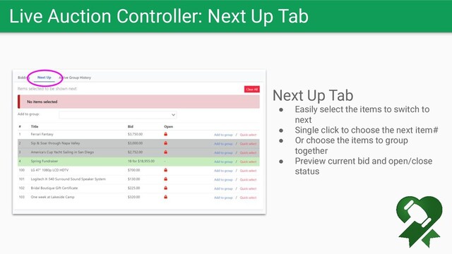 Live Auction Controller: Next Up Tab
Next Up Tab
● Easily select the items to switch to
next
● Single click to choose the next item#
● Or choose the items to group
together
● Preview current bid and open/close
status
