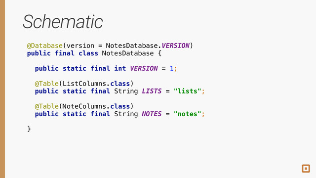 Schematic
@Database(version = NotesDatabase.VERSION) 
public final class NotesDatabase { 
 
public static final int VERSION = 1; 
 
@Table(ListColumns.class) 
public static final String LISTS = "lists"; 
 
@Table(NoteColumns.class) 
public static final String NOTES = "notes"; 
 
}
