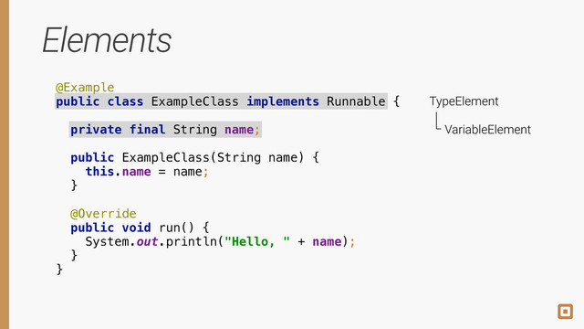 Elements
@Example 
public class ExampleClass implements Runnable {
 
private final String name; 
 
public ExampleClass(String name) { 
this.name = name; 
} 
 
@Override
public void run() { 
System.out.println("Hello, " + name); 
} 
}
TypeElement
VariableElement
