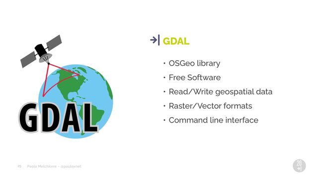 Paolo Melchiorre ~ @pauloxnet
• OSGeo library
• Free Software
• Read/Write geospatial data
• Raster/Vector formats
• Command line interface
GDAL
25
