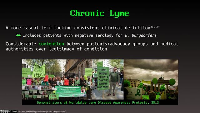 Chronic Lyme
A more casual term lacking consistent clinical definition37, 34
– Includes patients with negative serology for B. Burgdorferi
Considerable contention between patients/advocacy groups and medical
authorities over legitimacy of condition
Demonstrators at Worldwide Lyme Disease Awareness Protests, 2013
Photos: worldwidelymediseaseprotest.blogspot.com/
