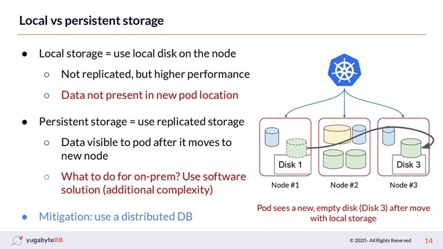 © 2020 - All Rights Reserved 14
Local vs persistent storage
● Local storage = use local disk on the node
○ Not replicated, but higher performance
○ Data not present in new pod location
● Persistent storage = use replicated storage
○ Data visible to pod after it moves to
new node
○ What to do for on-prem? Use software
solution (additional complexity)
● Mitigation: use a distributed DB
Node #1 Node #2 Node #3
Disk 1 Disk 3
Pod sees a new, empty disk (Disk 3) after move
with local storage
