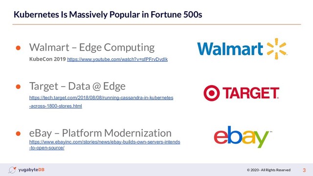 © 2020 - All Rights Reserved 3
Kubernetes Is Massively Popular in Fortune 500s
● Walmart – Edge Computing
KubeCon 2019 https://www.youtube.com/watch?v=sfPFrvDvdlk
● Target – Data @ Edge
https://tech.target.com/2018/08/08/running-cassandra-in-kubernetes
-across-1800-stores.html
● eBay – Platform Modernization
https://www.ebayinc.com/stories/news/ebay-builds-own-servers-intends
-to-open-source/
