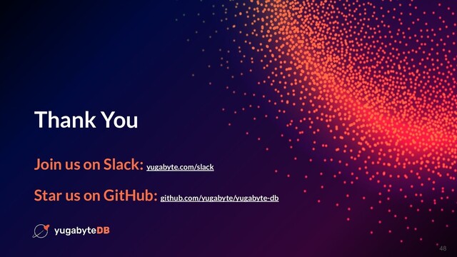 © 2020 - All Rights Reserved 48
Thank You
Join us on Slack: yugabyte.com/slack
Star us on GitHub: github.com/yugabyte/yugabyte-db
