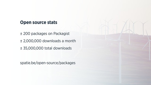 Open source stats
± 200 packages on Packagist
± 2,000,000 downloads a month
± 35,000,000 total downloads
spatie.be/open-source/packages
