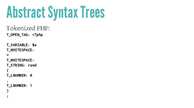 Abstract Syntax Trees
Tokenized PHP:
T_OPEN_TAG: 