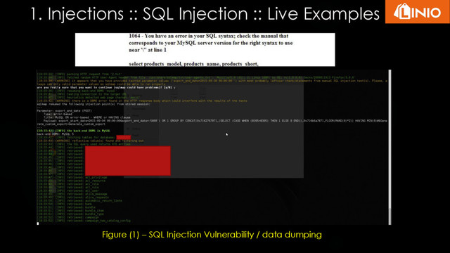 1. Injections :: SQL Injection :: Live Examples
Figure (1) – SQL Injection Vulnerability / data dumping
