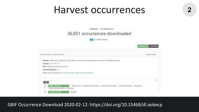 Harvest occurrences
GBIF Occurrence Download 2020-02-12: https://doi.org/10.15468/dl.aobecp
2
