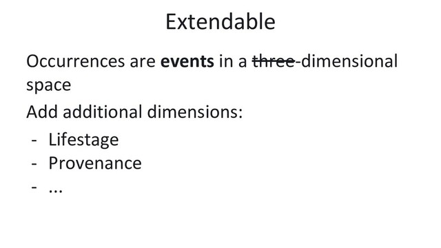 Occurrences are events in a three-dimensional
space
Add additional dimensions:
- Lifestage
- Provenance
- ...
Extendable
