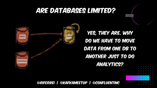 @riferrei | @kafkameetup | @CONFLUENTINC
ARE DATABASES LIMITED?
YES, THEY ARE. WHY
DO WE HAVE TO MOVE
DATA FROM ONE DB TO
ANOTHER JUST TO DO
ANALYTICS?
