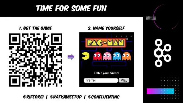 @riferrei | @kafkameetup | @CONFLUENTINC
Time for some fun
1. Get the game 2. Name yourself
