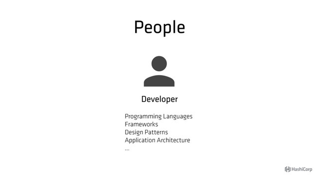 People

Programming Languages
Frameworks
Design Patterns
Application Architecture
…
Developer
