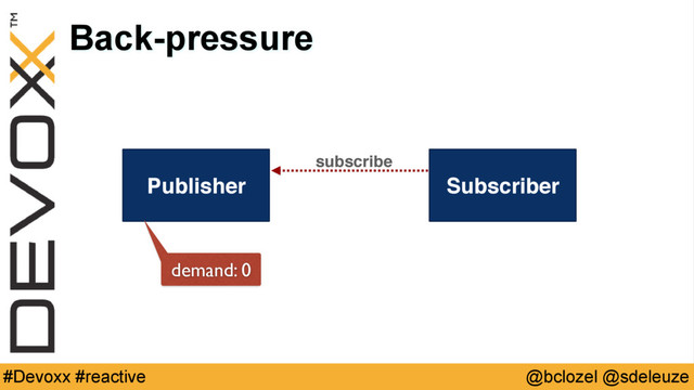 @bclozel @sdeleuze
#Devoxx #reactive
Back-pressure
Publisher Subscriber
subscribe
demand: 0
