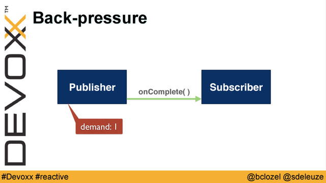 @bclozel @sdeleuze
#Devoxx #reactive
Back-pressure
Publisher Subscriber
onComplete( )
demand: 1
