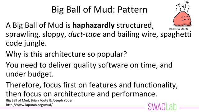 Big Ball of Mud: Pattern
A Big Ball of Mud is haphazardly structured,
sprawling, sloppy, duct-tape and bailing wire, spaghetti
code jungle.
Why is this architecture so popular?
You need to deliver quality software on time, and
under budget.
Therefore, focus first on features and functionality,
then focus on architecture and performance.
Big Ball of Mud, Brian Foote & Joseph Yoder
http://www.laputan.org/mud/
Icon: Lisa Moritz
