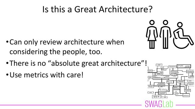Is this a Great Architecture?
•Can only review architecture when
considering the people, too.
•There is no “absolute great architecture”!
•Use metrics with care!
