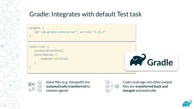 Gradle: Integrates with default Test task
tasks.test {
useJUnitPlatform()
distribution {
enabled.set(true)
}
}
Code coverage and other output
ﬁles are transferred back and
merged automatically
Input ﬁles (e.g. classpath) are
automatically transferred to
remote agents
plugins {
id("com.gradle.enterprise") version "3.13.3"
}
