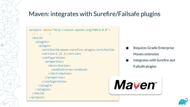 Maven: integrates with Sureﬁre/Failsafe plugins





maven-surefire-plugin
2.22.2



true







⬢ Requires Gradle Enterprise
Maven extension
⬢ Integrates with Sureﬁre and
Failsafe plugins
