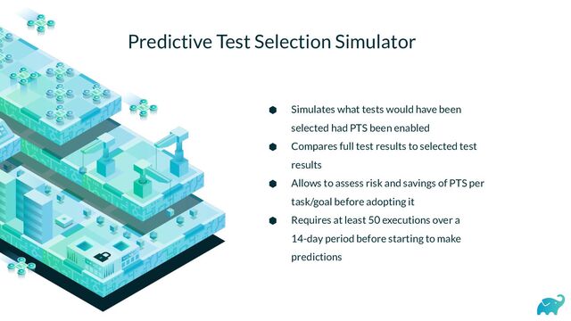 Predictive Test Selection Simulator
⬢ Simulates what tests would have been
selected had PTS been enabled
⬢ Compares full test results to selected test
results
⬢ Allows to assess risk and savings of PTS per
task/goal before adopting it
⬢ Requires at least 50 executions over a
14-day period before starting to make
predictions
