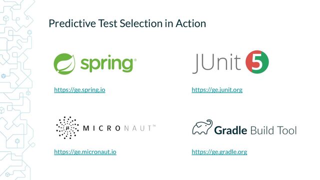 https://ge.spring.io https://ge.junit.org
https://ge.micronaut.io https://ge.gradle.org
Predictive Test Selection in Action
