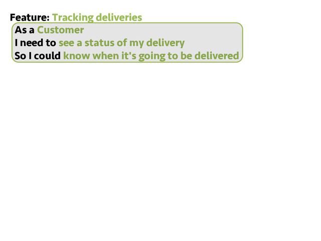 Feature: Tracking deliveries
As a Customer
I need to see a status of my delivery
So I could know when it's going to be delivered
