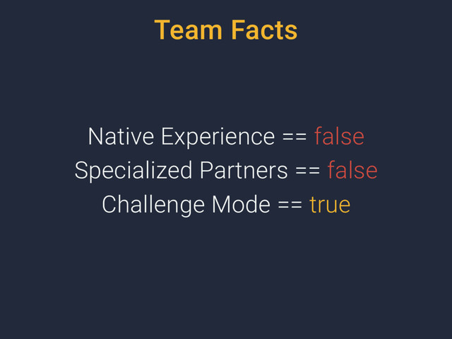 Team Facts
Native Experience == false
Specialized Partners == false
Challenge Mode == true
