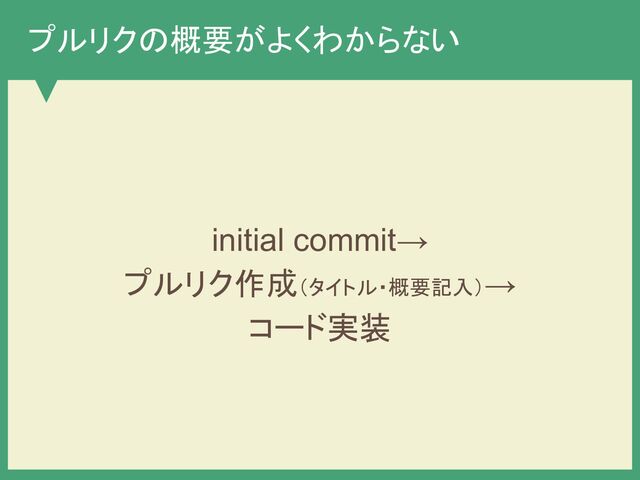 プルリクの概要がよくわからない
initial commit→
プルリク作成（タイトル・概要記入）→
コード実装
