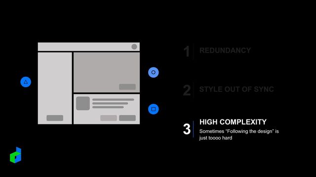 △
⚪︎
□
REDUNDANCY
1
STYLE OUT OF SYNC
2
HIGH COMPLEXITY
Sometimes “Following the design” is
just toooo hard
3
